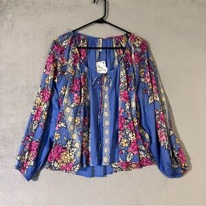 NEW FREE PEOPLE Elena Peasant Top Sapphire Blue Womens Petite Small Relaxed Fit